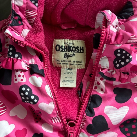 Oshkosh B'gosh toddler girl pink heart lightly lined hooded jacket size 24M EUC - Picture 4 of 4